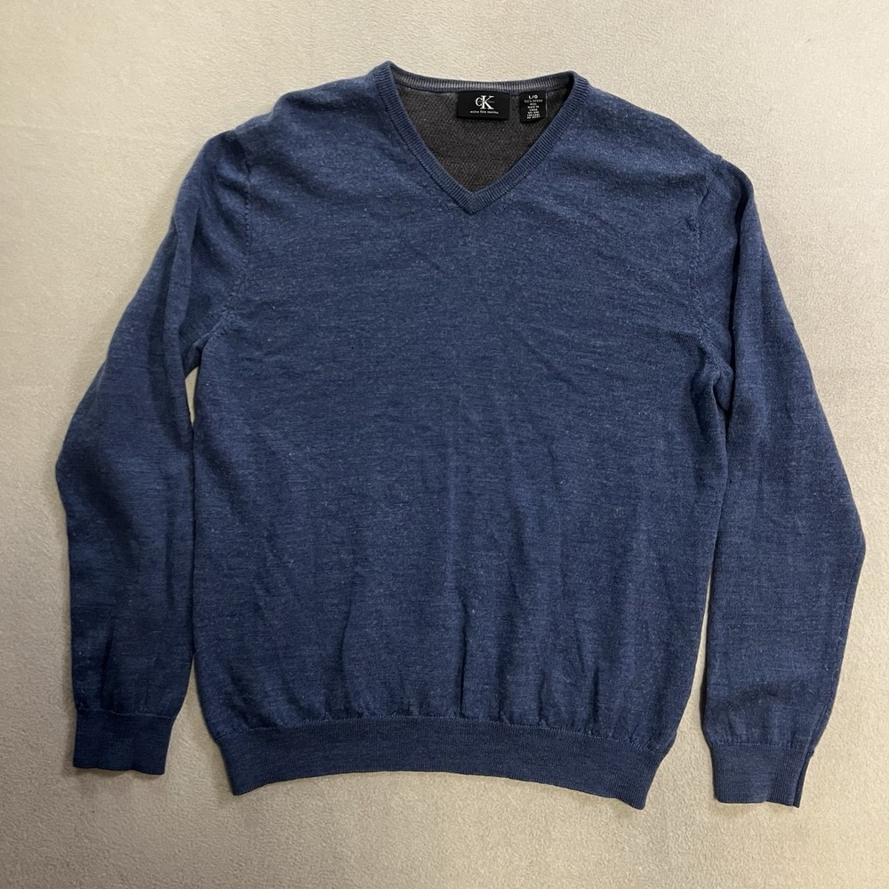 Calvin Klein Sweater Men's Size Large Blue Merino Woo V-Neck Pullover